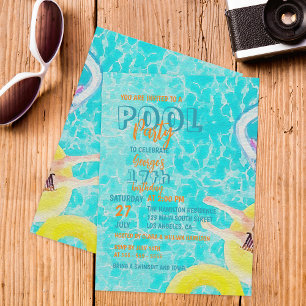 Turquoise Watercolor Pool Party Teen Birthday Invitation