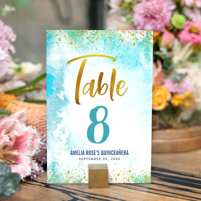Turquoise Watercolor Quinceañera Gold Script Girly Table Number (Creator Uploaded)