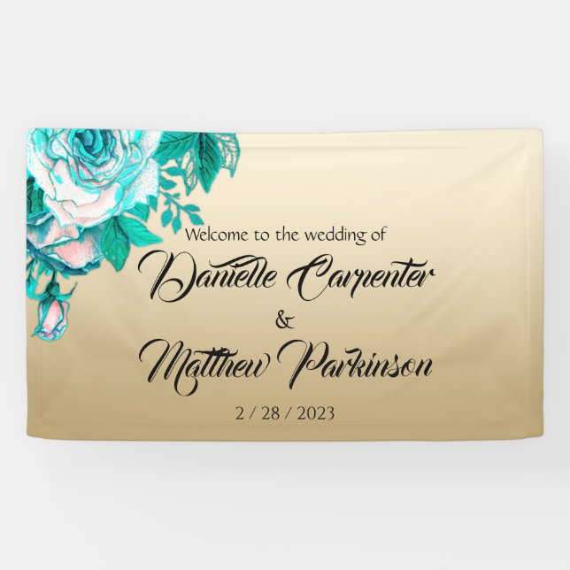 Turquoise Watercolor Roses Golden Elegance Wedding Banner (Horizontal)