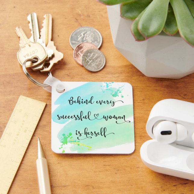Turquoise Watercolor Successful Woman Quote Script Key Ring (Desk)