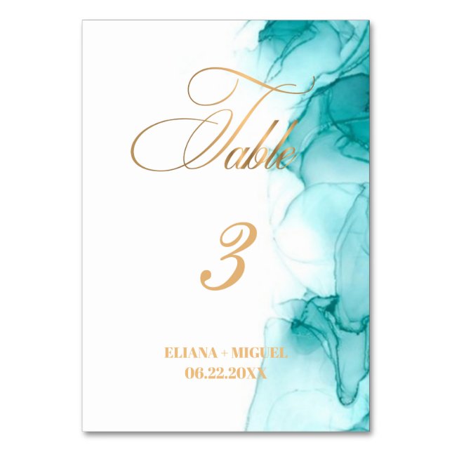 Turquoise Watercolor teal gold  elegant wedding  Table Number (Front)