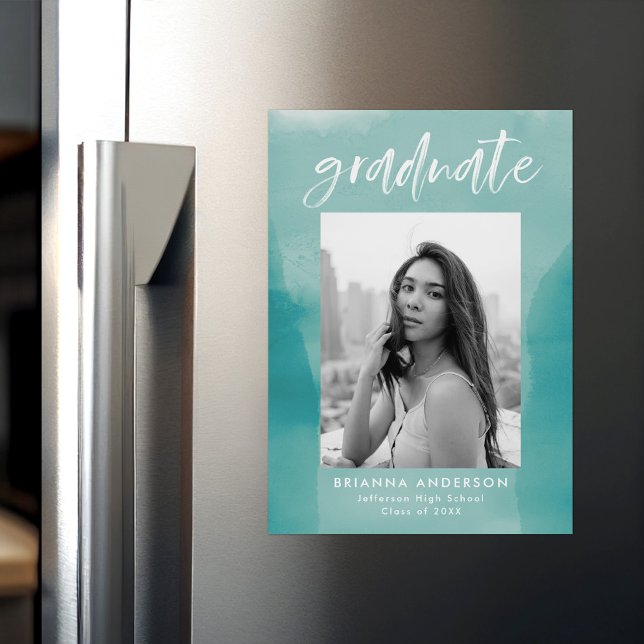 Turquoise Watercolor Wash Photo Graduation Magnetic Invitation (Creator Uploaded)