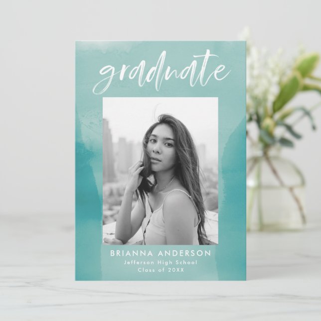 Turquoise Watercolor Wash Photo Graduation Party Invitation (Standing Front)