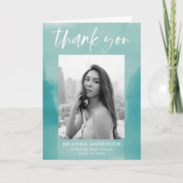 Turquoise Watercolor Wash Photo Graduation Thank You Card (Front)