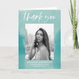 Turquoise Watercolor Wash Photo Graduation Thank You Card