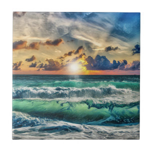 Turquoise Waves At Sunset Tile
