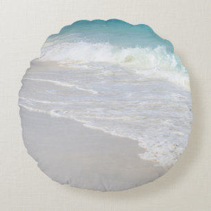 Turquoise Waves on White Sand 1 Round Cushion