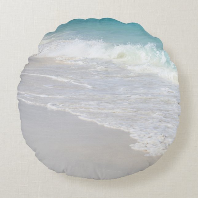 Turquoise Waves on White Sand 1 Round Cushion (Front)