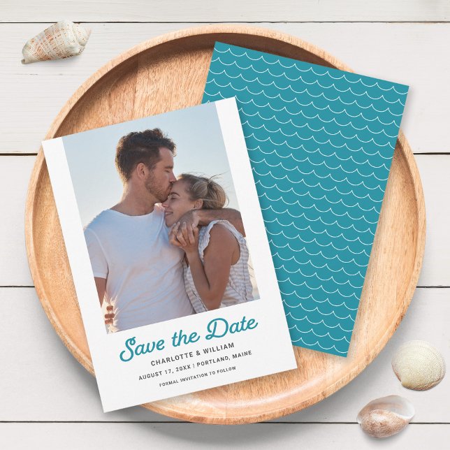 Turquoise Waves Photo Save the Date Card (Creator Uploaded)