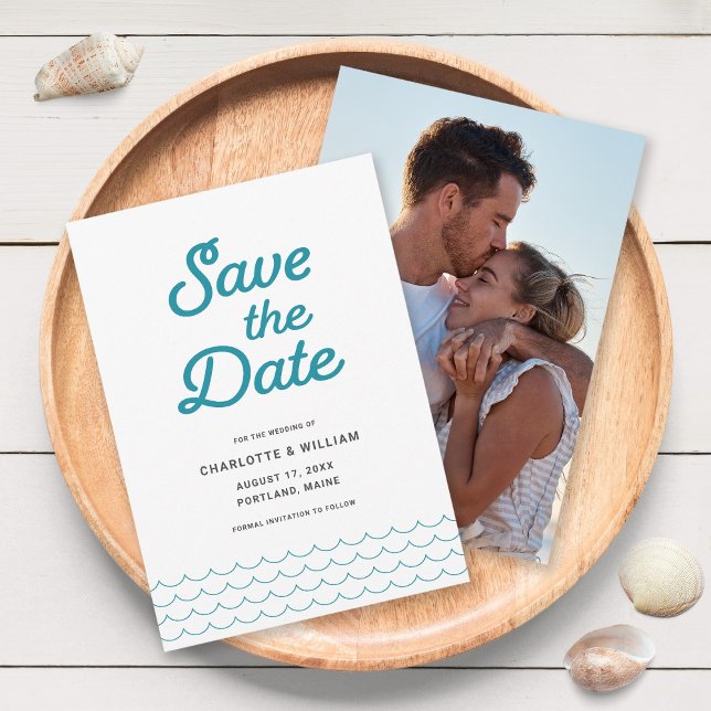 Turquoise Waves with Your Photo Save the Date Card (Creator Uploaded)