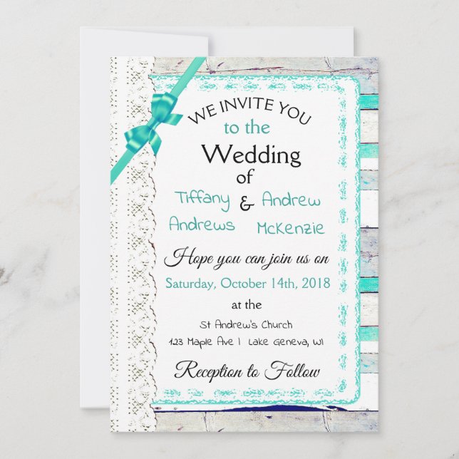 Turquoise Weathered Wood Rustic Lace Invitations (Front)