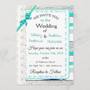 Turquoise Weathered Wood Rustic Lace Invitations