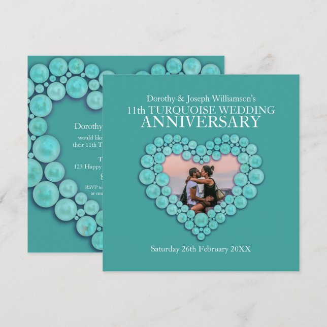 Turquoise wedding anniversary 11 years photo invitation (Front/Back)