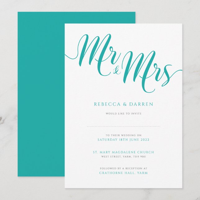 Turquoise Wedding Invitation Mr & Mrs (Front/Back)