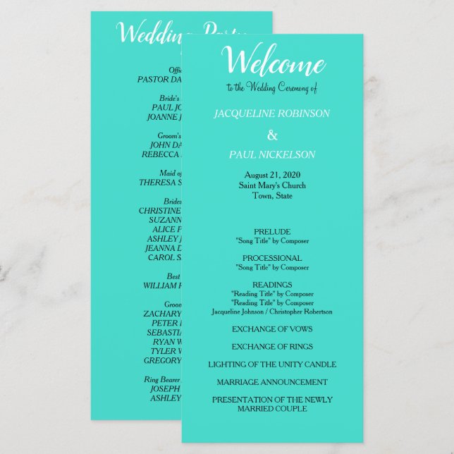 Turquoise Wedding Program Programme (Front/Back)