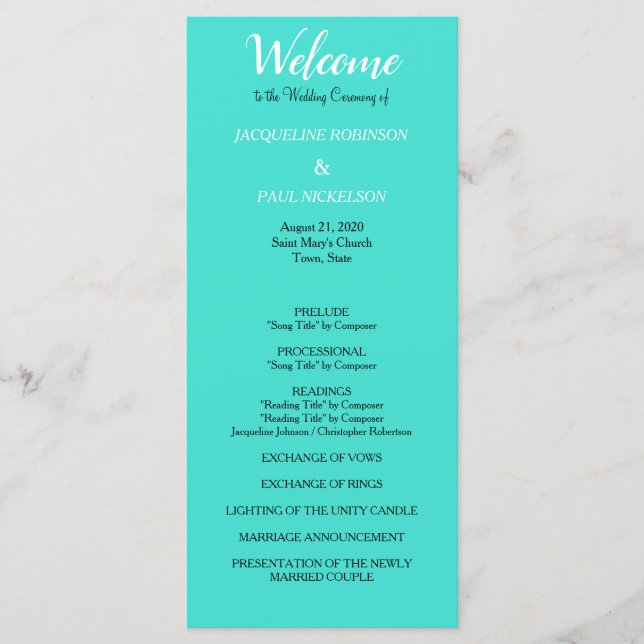 Turquoise Wedding Program Programme (Front)