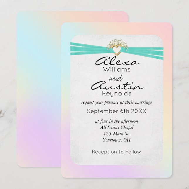 Turquoise Wedding Ribbon in Gold Heart Invitation (Front/Back)