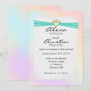Turquoise Wedding Ribbon in Gold Heart Invitation