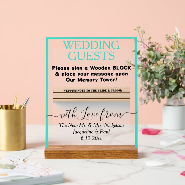 Turquoise Wedding Wooden Block Guest Book  Acrylic Sign (Wedding)