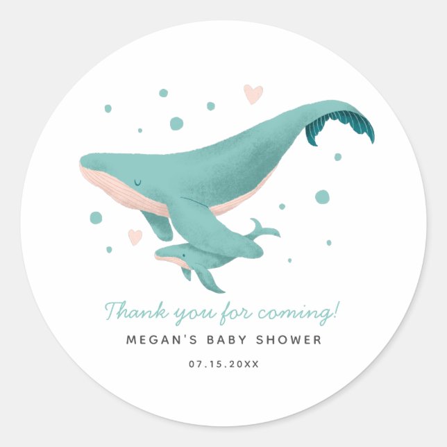 Turquoise Whale Baby Shower Favour Classic Round Sticker (Front)