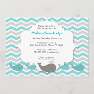 Turquoise whales baby shower birthday party invite