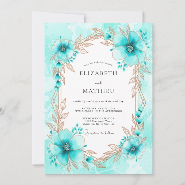 Turquoise Whimsical Botanical Winter Wedding Invitation (Front)