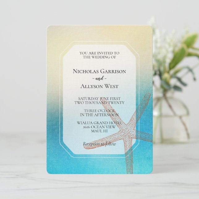Turquoise White Aqua Blue Beach Wedding Invitation (Standing Front)