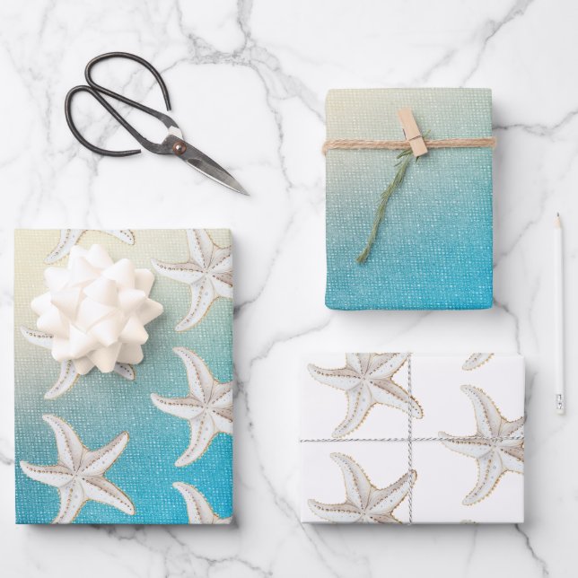 Turquoise White Aqua Blue Beach White Starfish Wrapping Paper Sheet (Front)