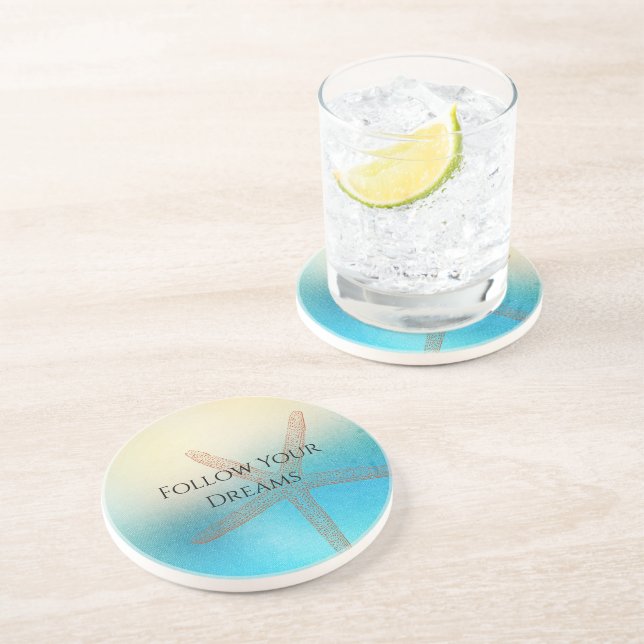 Turquoise White Aqua Blue Starfish Beach Coaster (Side)