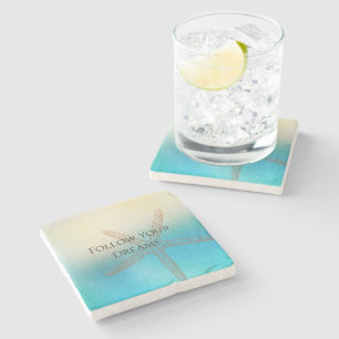Turquoise White Aqua Blue Starfish Beach Stone Coaster