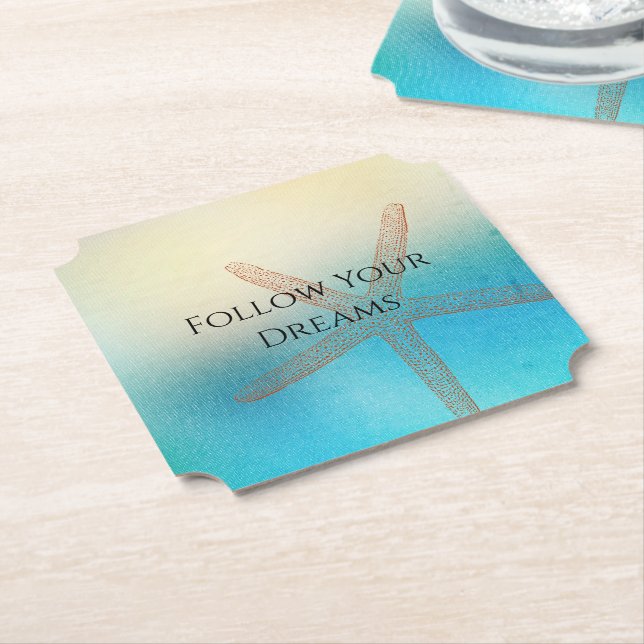 Turquoise White Aqua Blue Starfish Beach Wedding Paper Coaster (Angled)