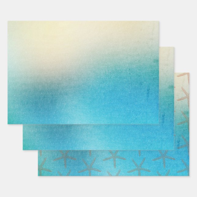 Turquoise White Aqua Blue Starfish Beach Wedding Wrapping Paper Sheet (Set)