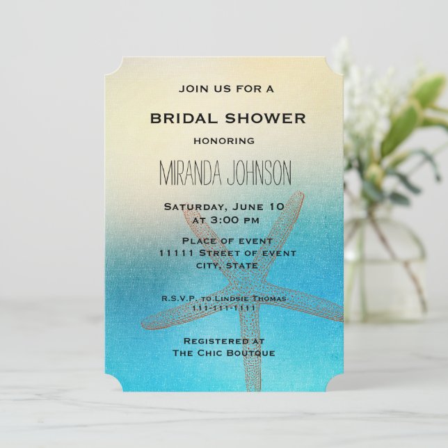 Turquoise White Aqua Blue Starfish Bridal Shower   Invitation (Standing Front)