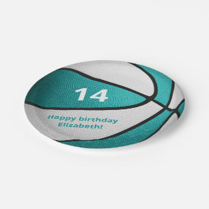 turquoise white basketball birthday party paper plate