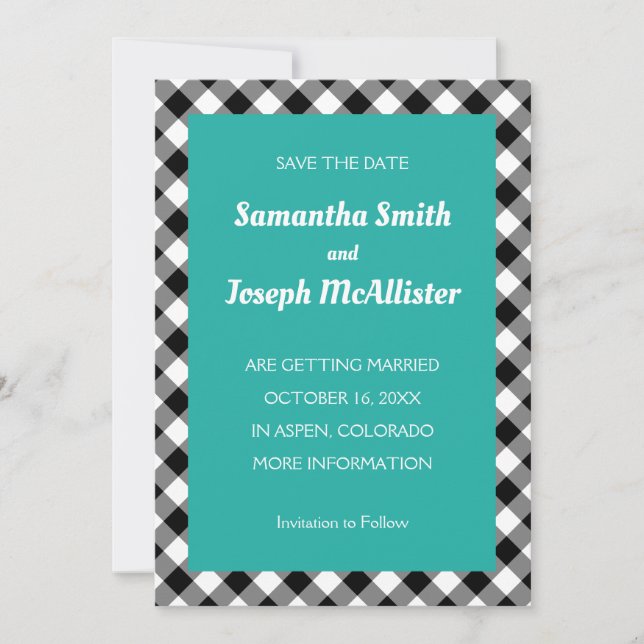 Turquoise White Black Buffalo Plaid Save the Date Invitation (Front)