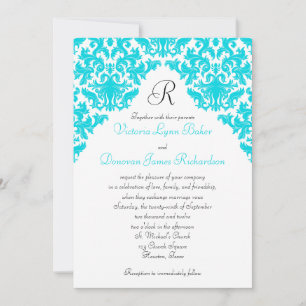 Turquoise, White, Black Damask Monogrammed Invite