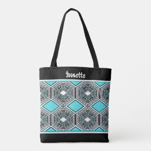Turquoise, White & Black Tribal Tapestry Tote Bag
