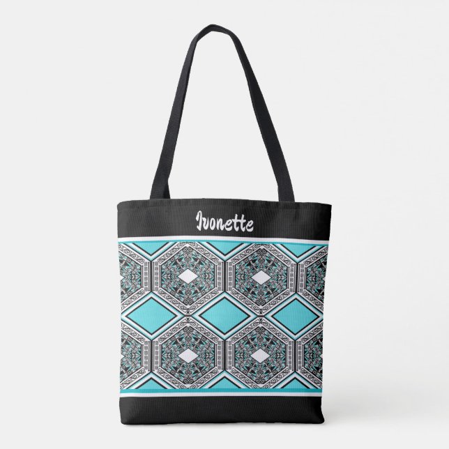 Turquoise, White & Black Tribal Tapestry Tote Bag (Back)