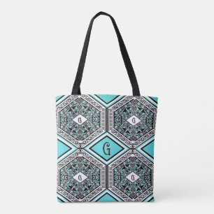 Turquoise, White & Black Tribal Tapestry Tote Bag