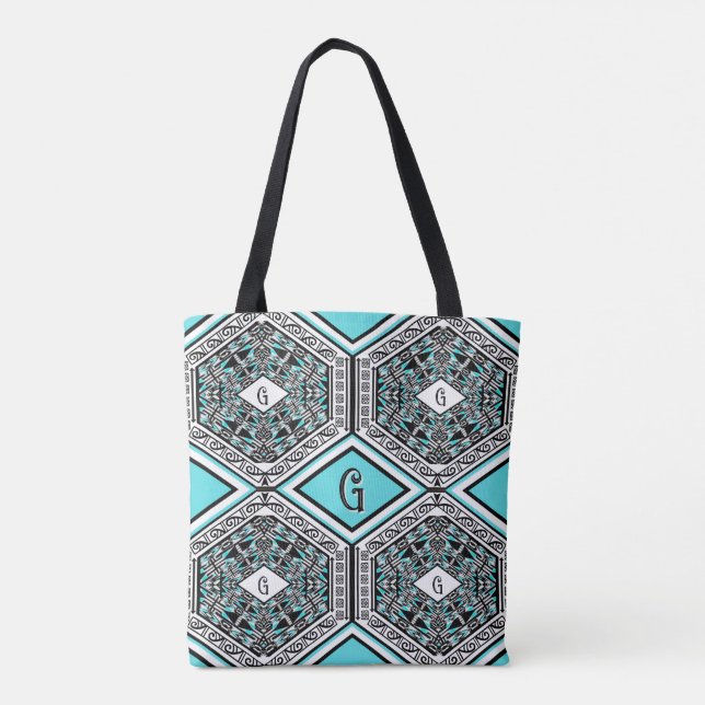 Turquoise, White & Black Tribal Tapestry Tote Bag (Back)