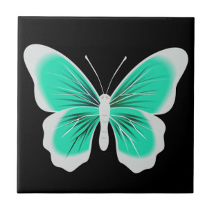 Turquoise white butterfly black background tile