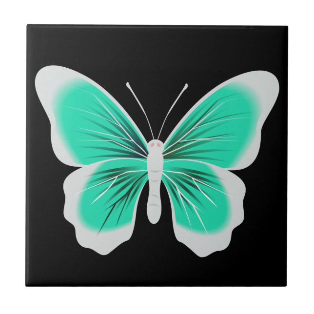 Turquoise white butterfly black background tile (Front)