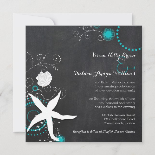 Turquoise White Chalkboard Beach Wedding Invitation (Front)