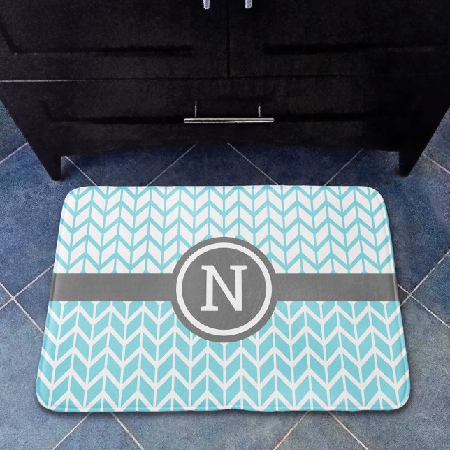 Turquoise White Chevron Pattern Monogram Grey Bold Bath Mat (Creator Uploaded)
