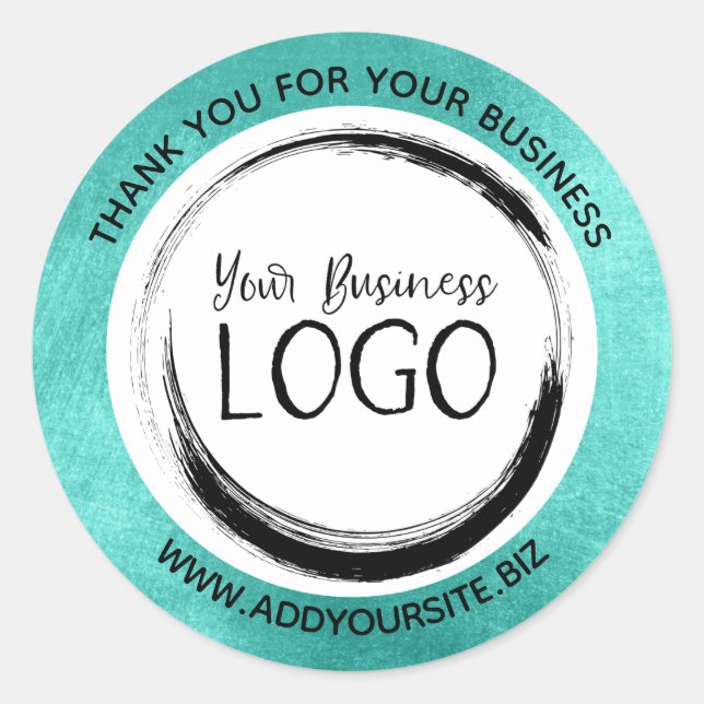 Turquoise White Circle Business Logo Thank You Classic Round Sticker (Front)