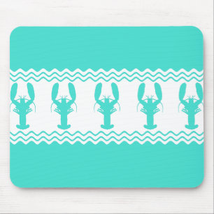 Turquoise White Coastal Lobster Stripes Mouse Mat