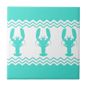 Turquoise White Coastal Lobster Stripes Tile