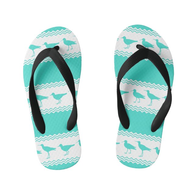 Turquoise White Coastal Sandpiper Bird Stripes Kid's Flip Flops (Footbed)