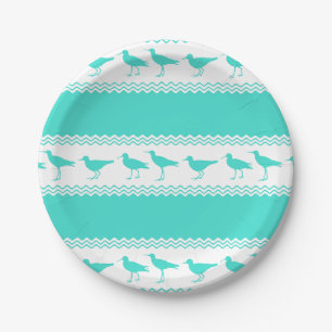 Turquoise White Coastal Sandpiper Bird Stripes Paper Plate