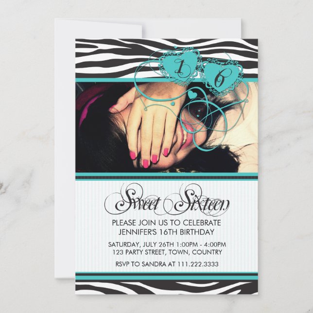 TURQUOISE WHITE COOL ZEBRA PRINT SWEET SIXTEEN INVITATION (Front)